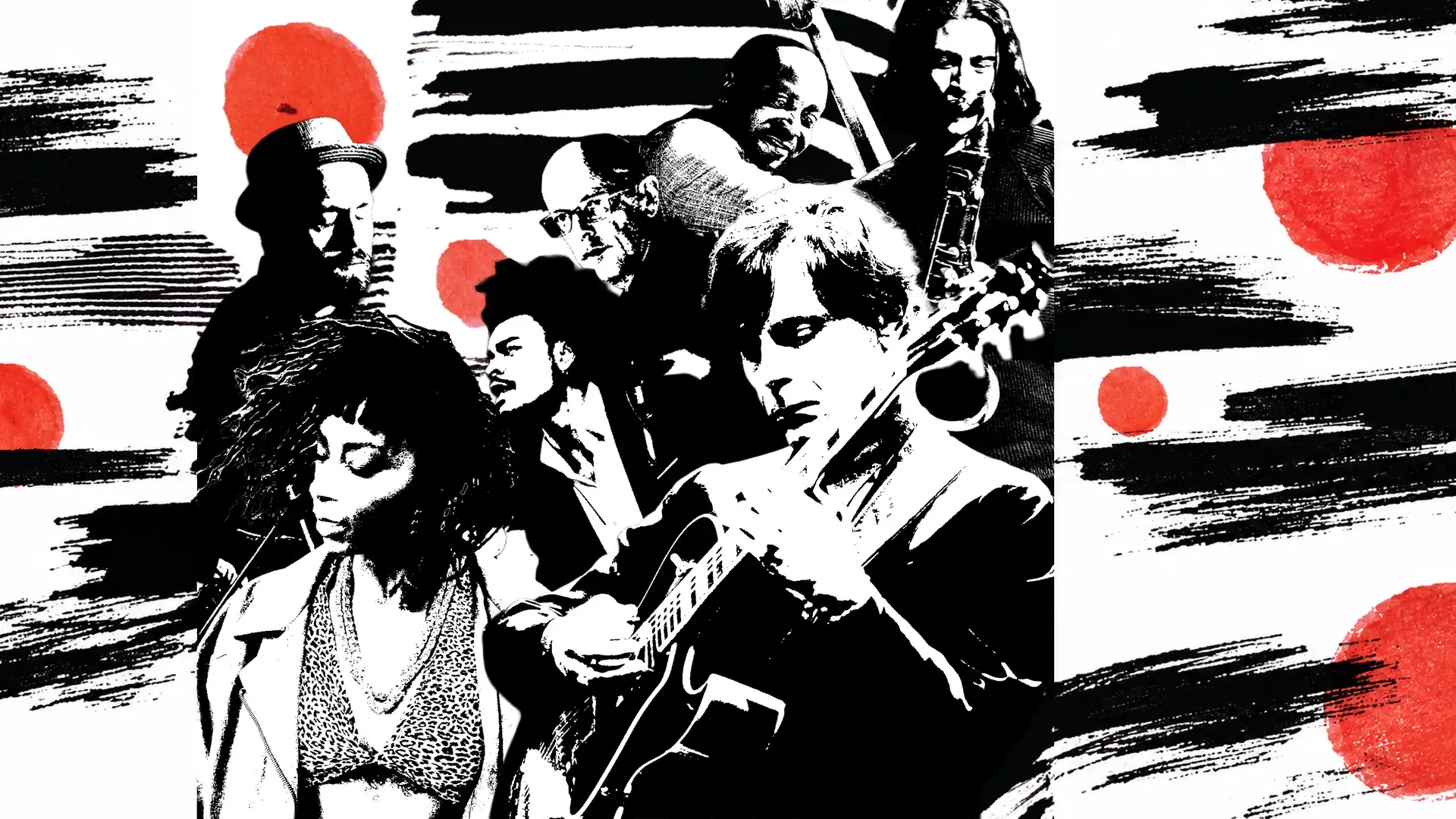 Nicola Conte con la chitarra insieme alla sua band, illustrazione in bianco, nero e rosso - 47° Festival Jazz in Sardegna European Jazz Expo - 21 novembre 2026